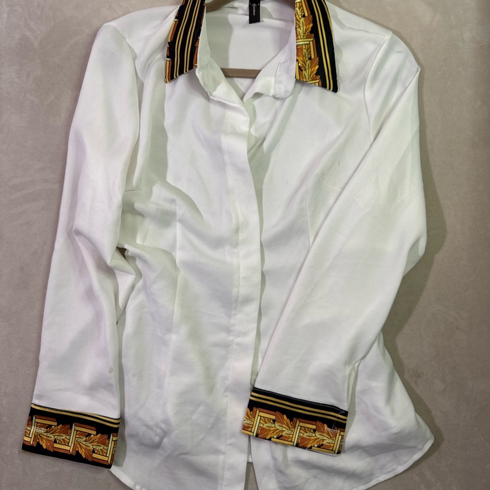 White Button-Down Shirt with Black & Gold Trim - Women's